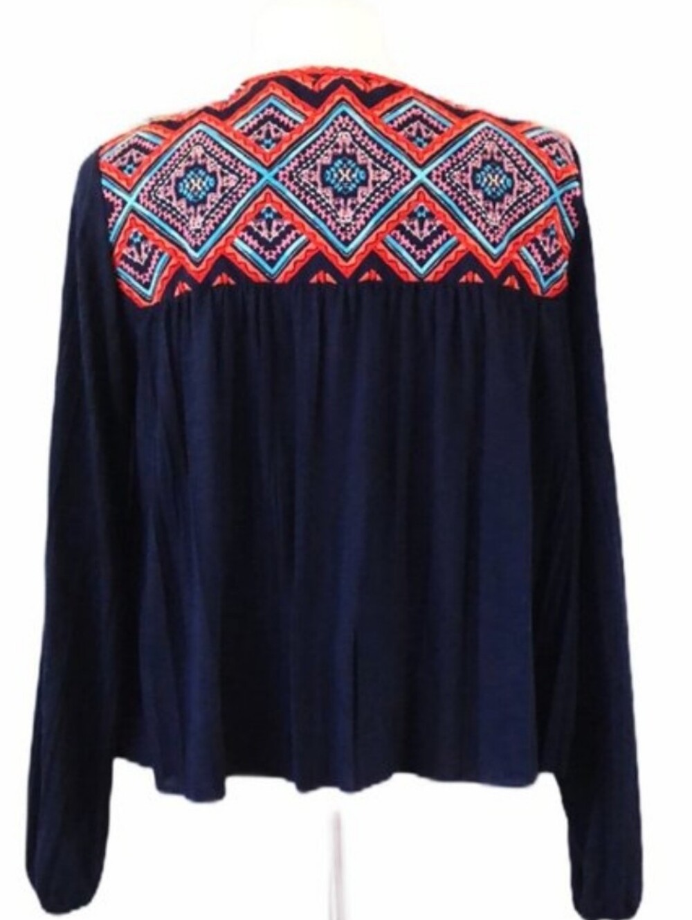American Eagle Outfitters Navy Open-Front Tunic with Multicolor Embroidery